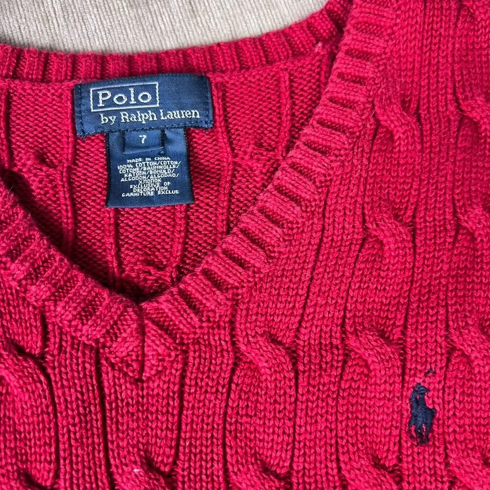 Polo Ralph Lauren Boys Red Cable Knit 100% Cotton Sweater Vest Size 7
